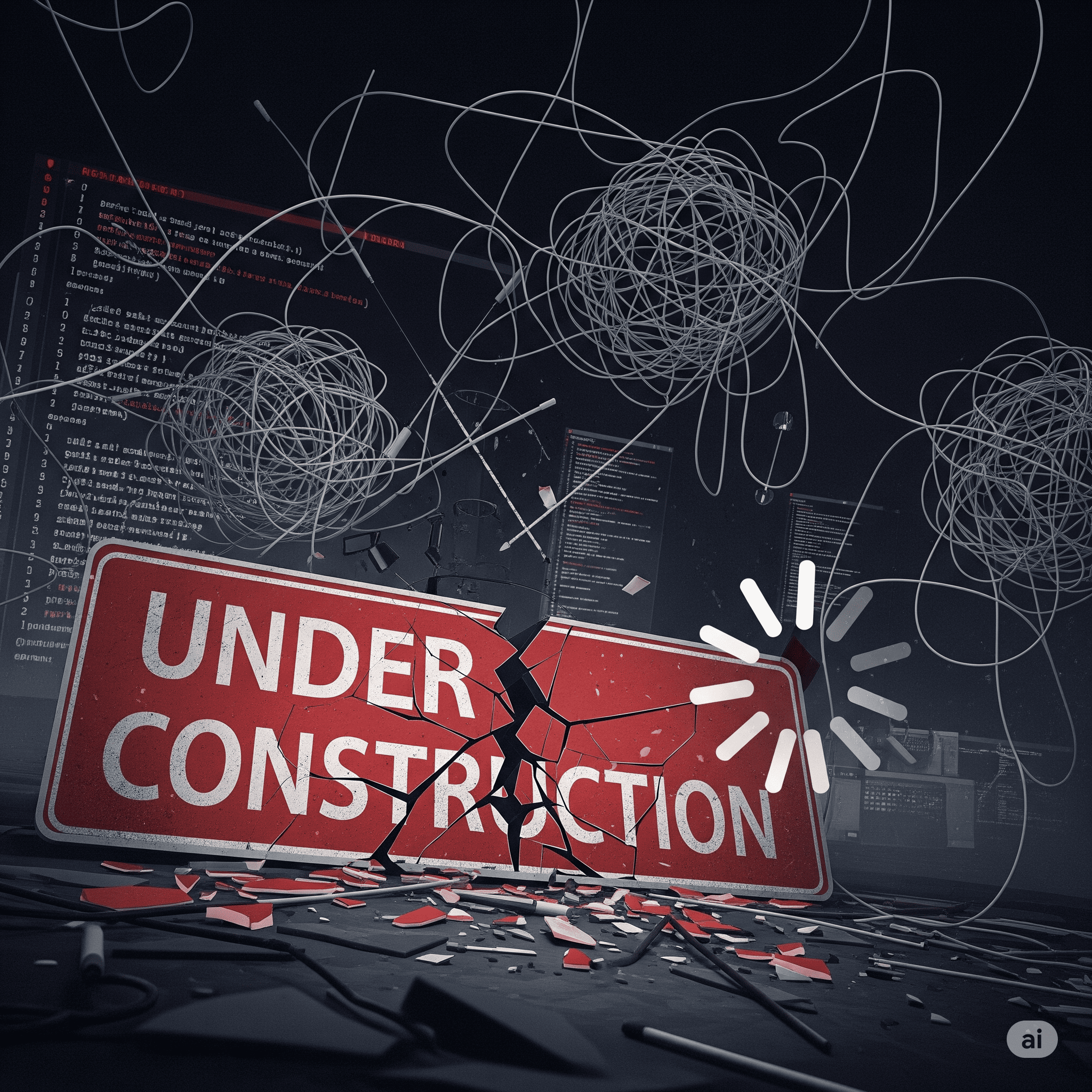 A messy and broken 'under construction' sign representing project failure.