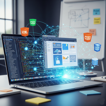 Illustration of a website being developed on a desktop and mobile device